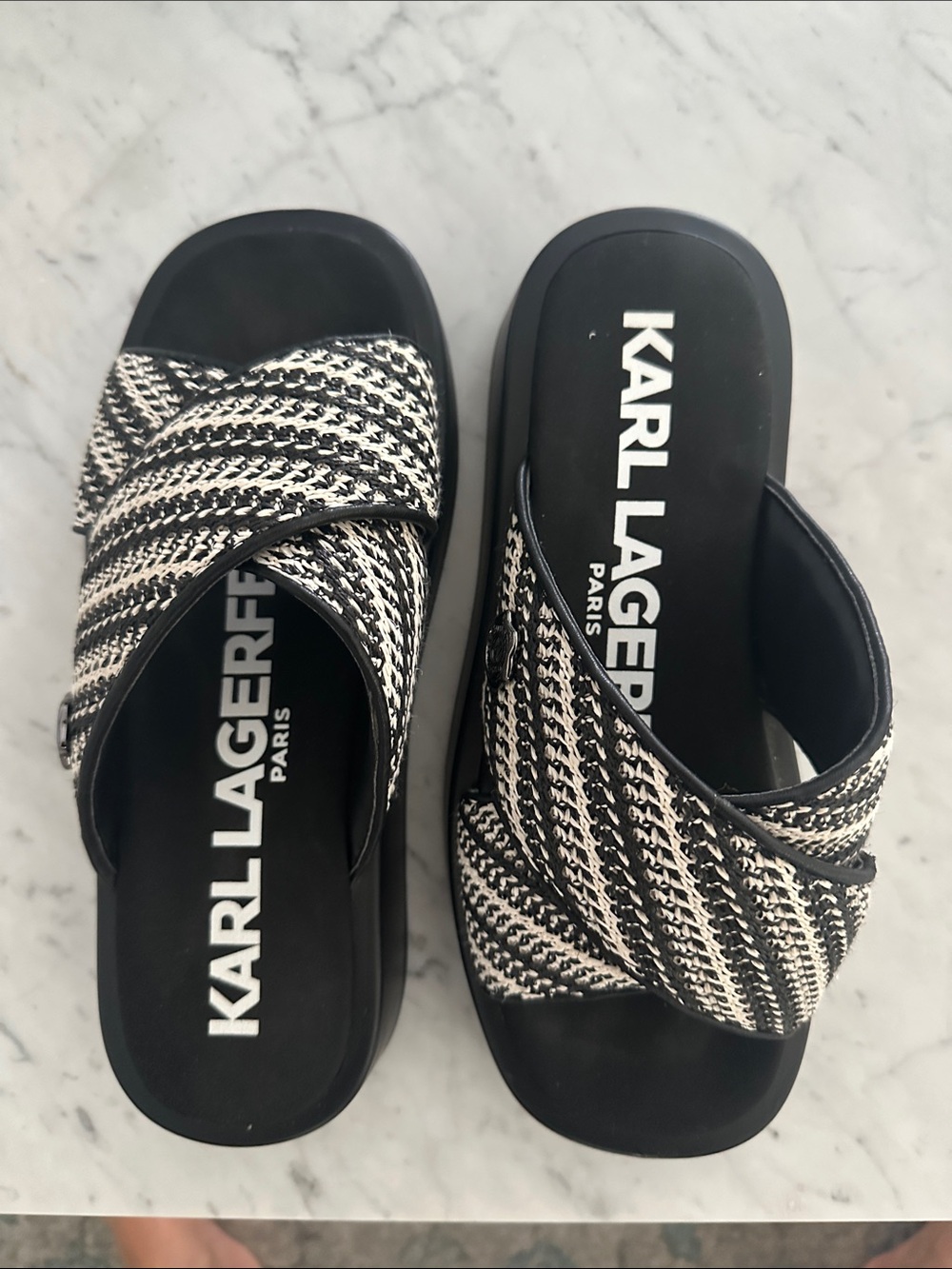 Karl Lagerfeld Black and White Crisscross Slide Sandals